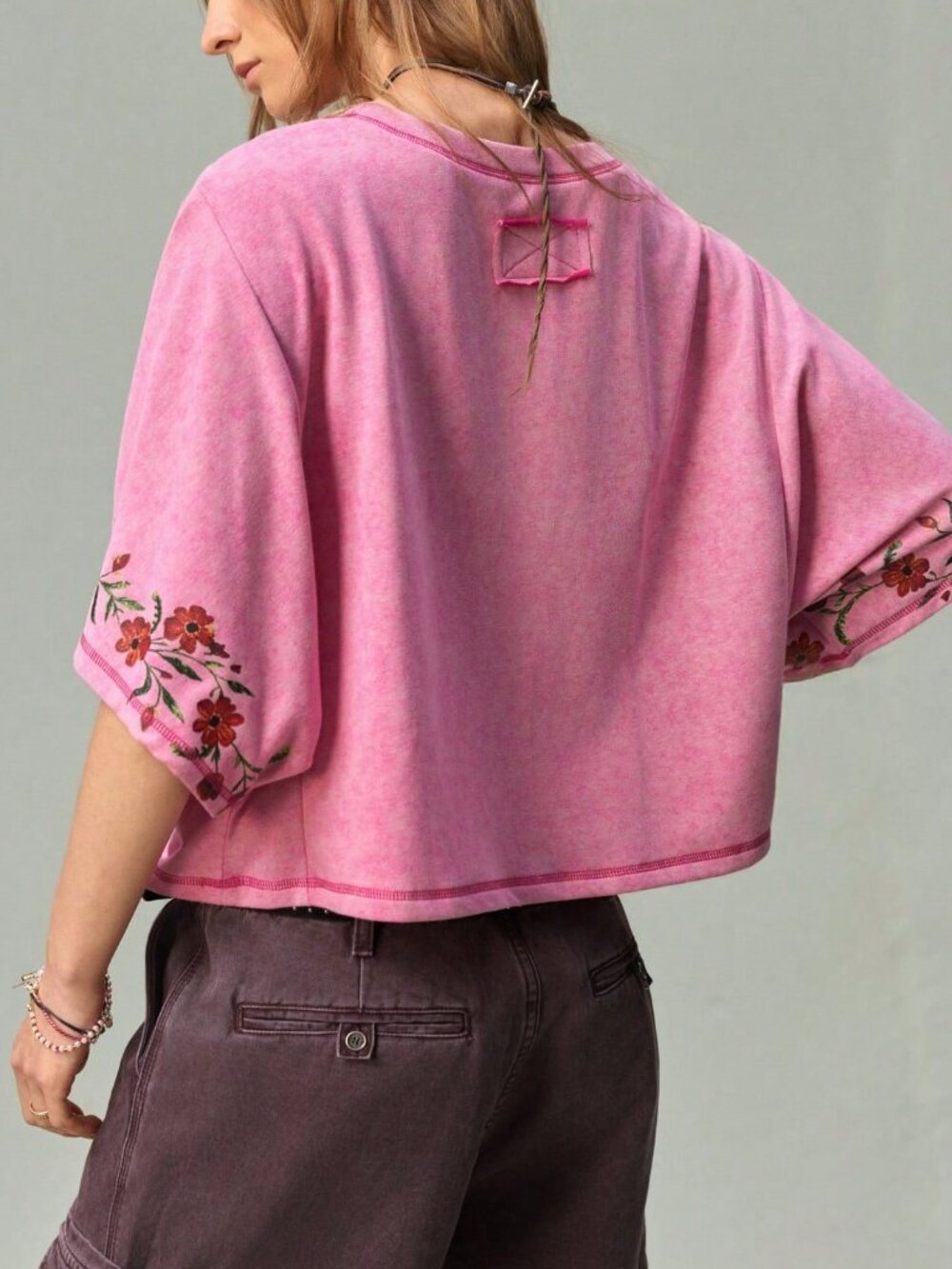 Hot Pink Casual Women's Floral Embroidery Boat Neck Batwing Slim Fit Cotton Top - Picture 2 of 7